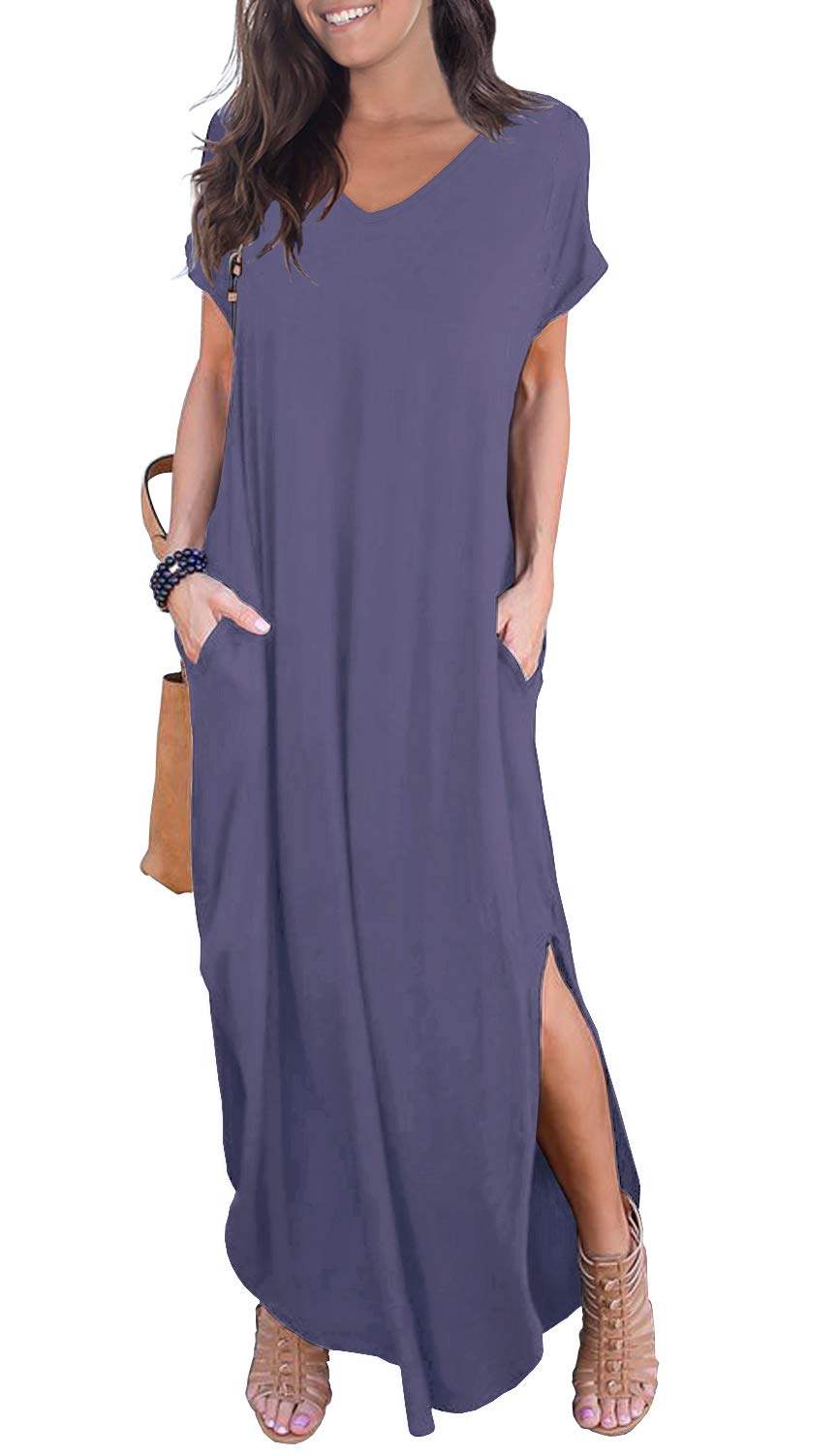 GRECERELLE Women's Casual Loose Pocket Long Dress Short Sleeve Split Maxi Dresses