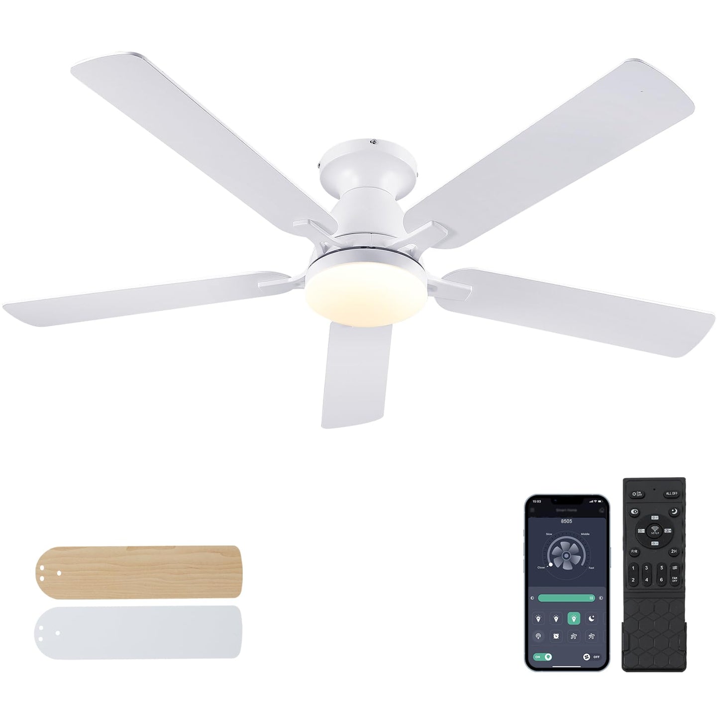 Ceiling Fans with Lights- 46" Low Profile Indoor Ceiling Fan with Light and Remote/APP Control, Flush Mount, LED Dimmable DC Reversible Modern Ceiling Fan for Bedroom（Black）