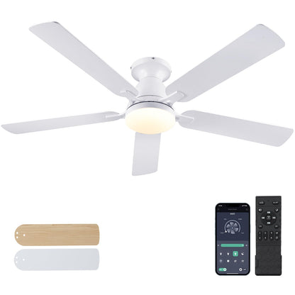 Ceiling Fans with Lights- 46" Low Profile Indoor Ceiling Fan with Light and Remote/APP Control, Flush Mount, LED Dimmable DC Reversible Modern Ceiling Fan for Bedroom（Black）