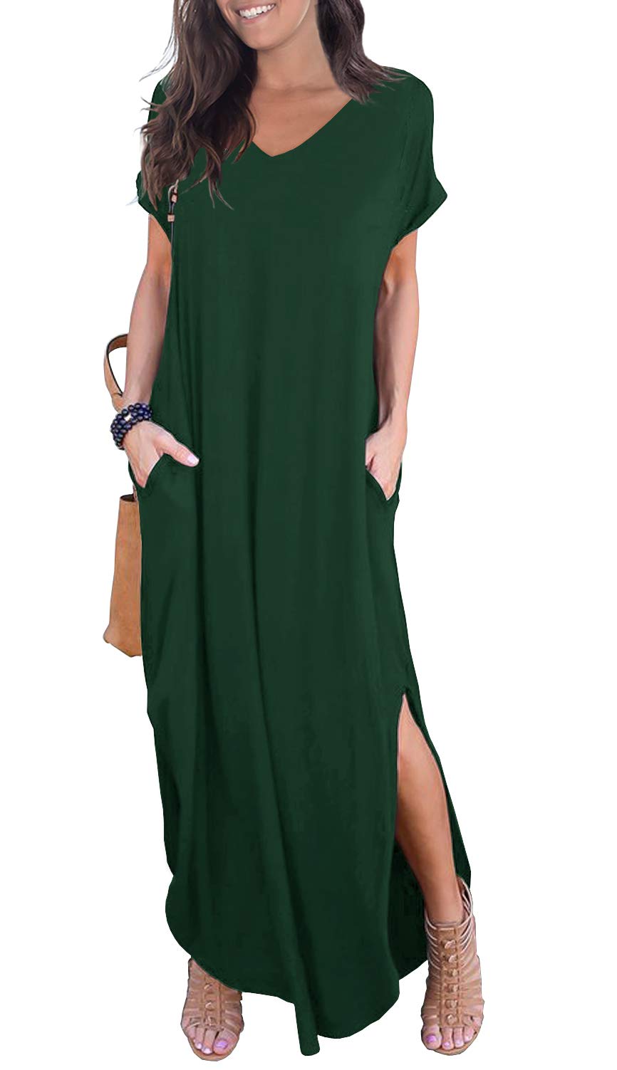 GRECERELLE Women's Casual Loose Pocket Long Dress Short Sleeve Split Maxi Dresses