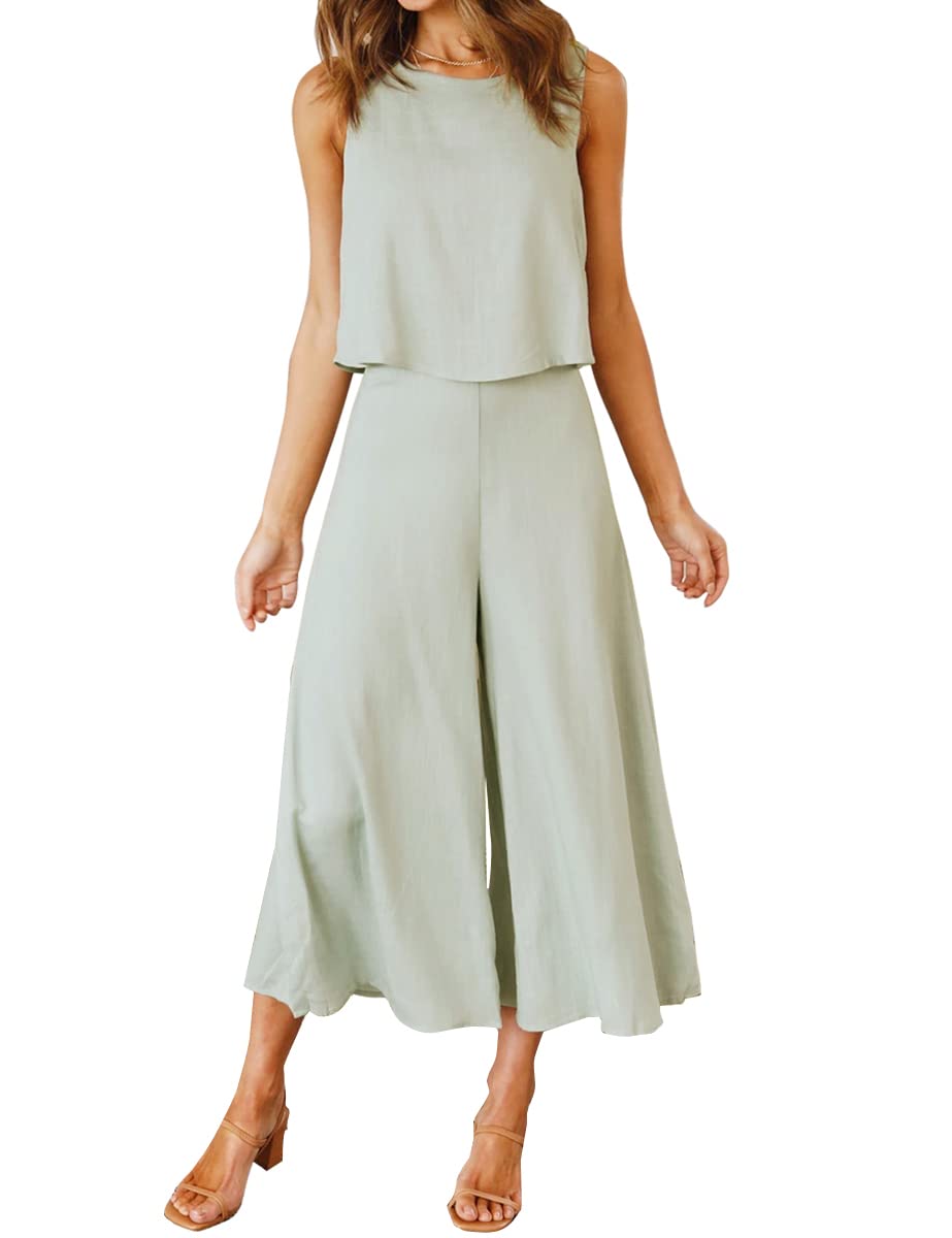 ROYLAMP Women's Summer 2 Piece Outfits Round Neck Crop Basic Top Cropped Wide Leg Pants Set Jumpsuits