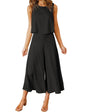 ROYLAMP Women's Summer 2 Piece Outfits Round Neck Crop Basic Top Cropped Wide Leg Pants Set Jumpsuits