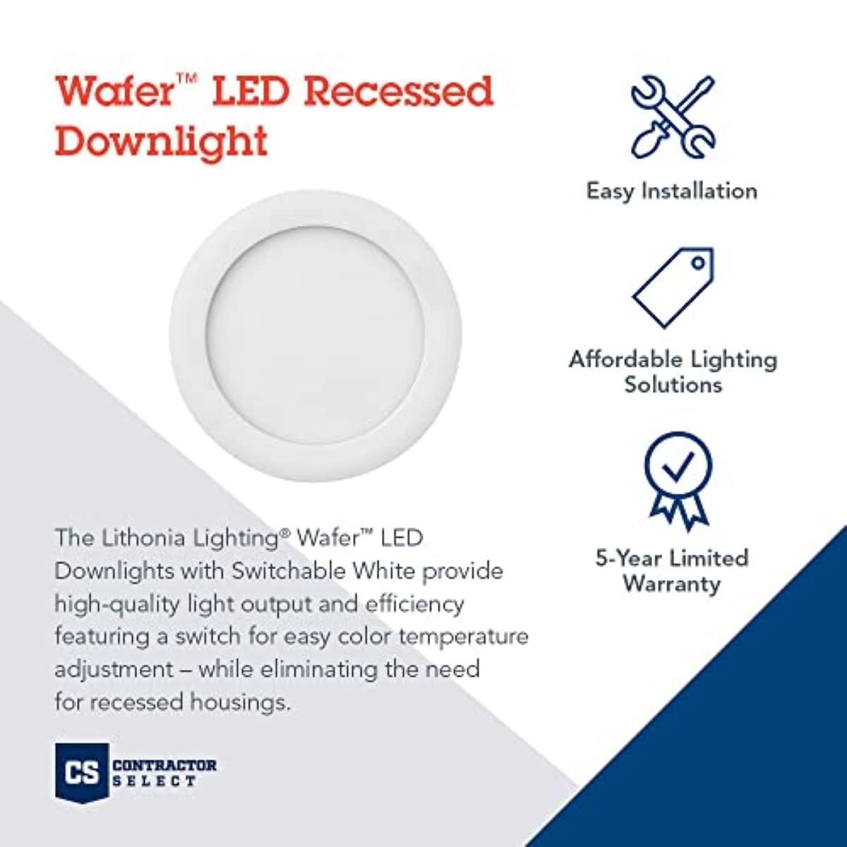 Lithonia Lighting WF4 LED 27K30K35K 90CRI MB M6 Recessed Wafer Downlight with Ultra Thin Round Trim, Color Temperature Selectable, 2700K | 3000K | 3500K, 4-Inch, Matte Black
