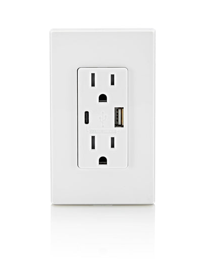 Leviton T5633-W Type A & Type-C USB In-Wall Charger with 15A Tamper-Resistant Outlet, USB Charger for Smartphones and Tablets, Not for Laptops, White