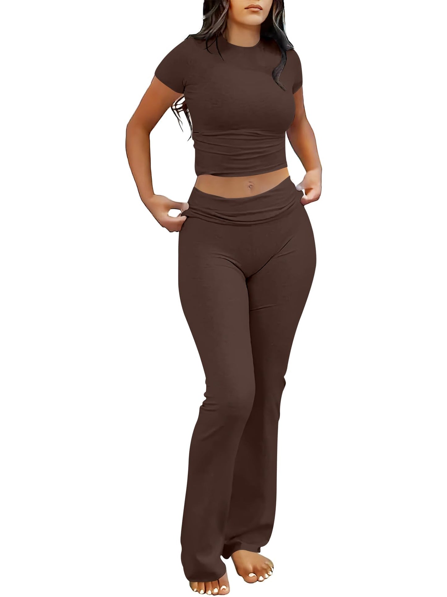 ANRABESS Lounge Sets for Women 2 piece Foldover Yoga Flare Leggings Pants Crop Tops Casual Y2K Outfits Matching Tracksuit Set