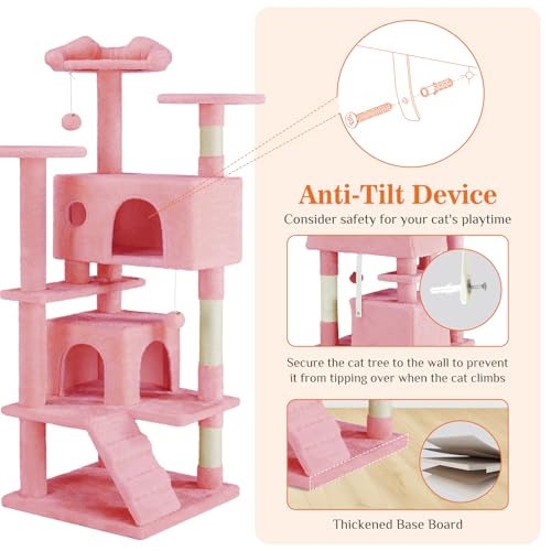 Sweetcrispy 54-Inch Cat Tree Tower – Multi-Level with Sisal Scratching Post, Perfect Pet Gift, Indoor Condo with Climbing Ladder, Plush Toy, and More Animal Stuff, Light Grey