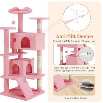 Sweetcrispy 54-Inch Cat Tree Tower – Multi-Level with Sisal Scratching Post, Perfect Pet Gift, Indoor Condo with Climbing Ladder, Plush Toy, and More Animal Stuff, Light Grey