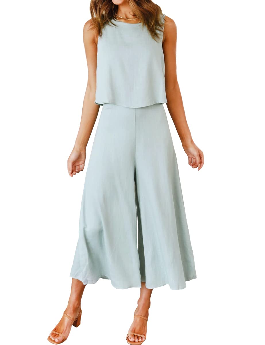 ROYLAMP Women's Summer 2 Piece Outfits Round Neck Crop Basic Top Cropped Wide Leg Pants Set Jumpsuits