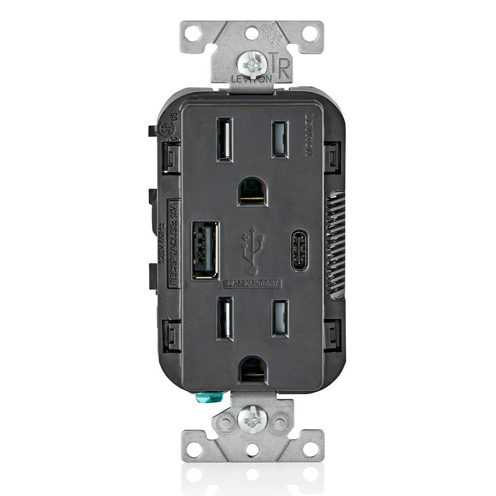 Leviton T5633-W Type A & Type-C USB In-Wall Charger with 15A Tamper-Resistant Outlet, USB Charger for Smartphones and Tablets, Not for Laptops, White