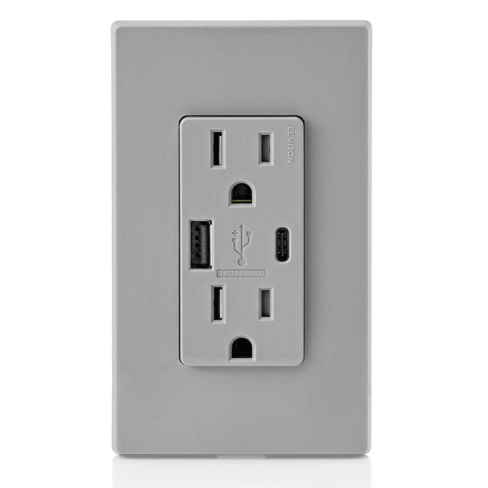 Leviton T5633-W Type A & Type-C USB In-Wall Charger with 15A Tamper-Resistant Outlet, USB Charger for Smartphones and Tablets, Not for Laptops, White
