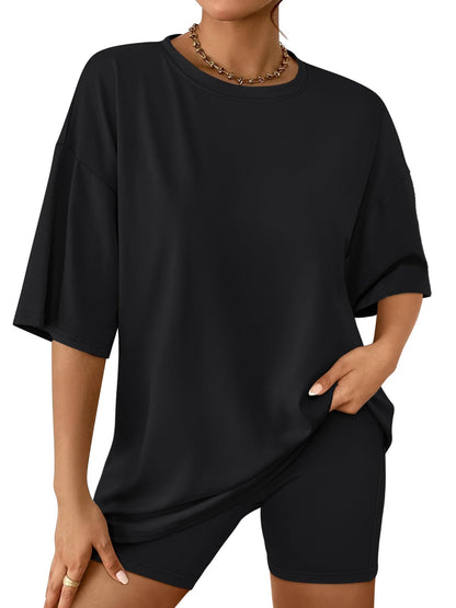 AUTOMET Womens 2 Piece Sets Summer Outfits 2025 Two Piece Lounge Set Matching Clothing Oversized Tshirts Biker Short Fashion