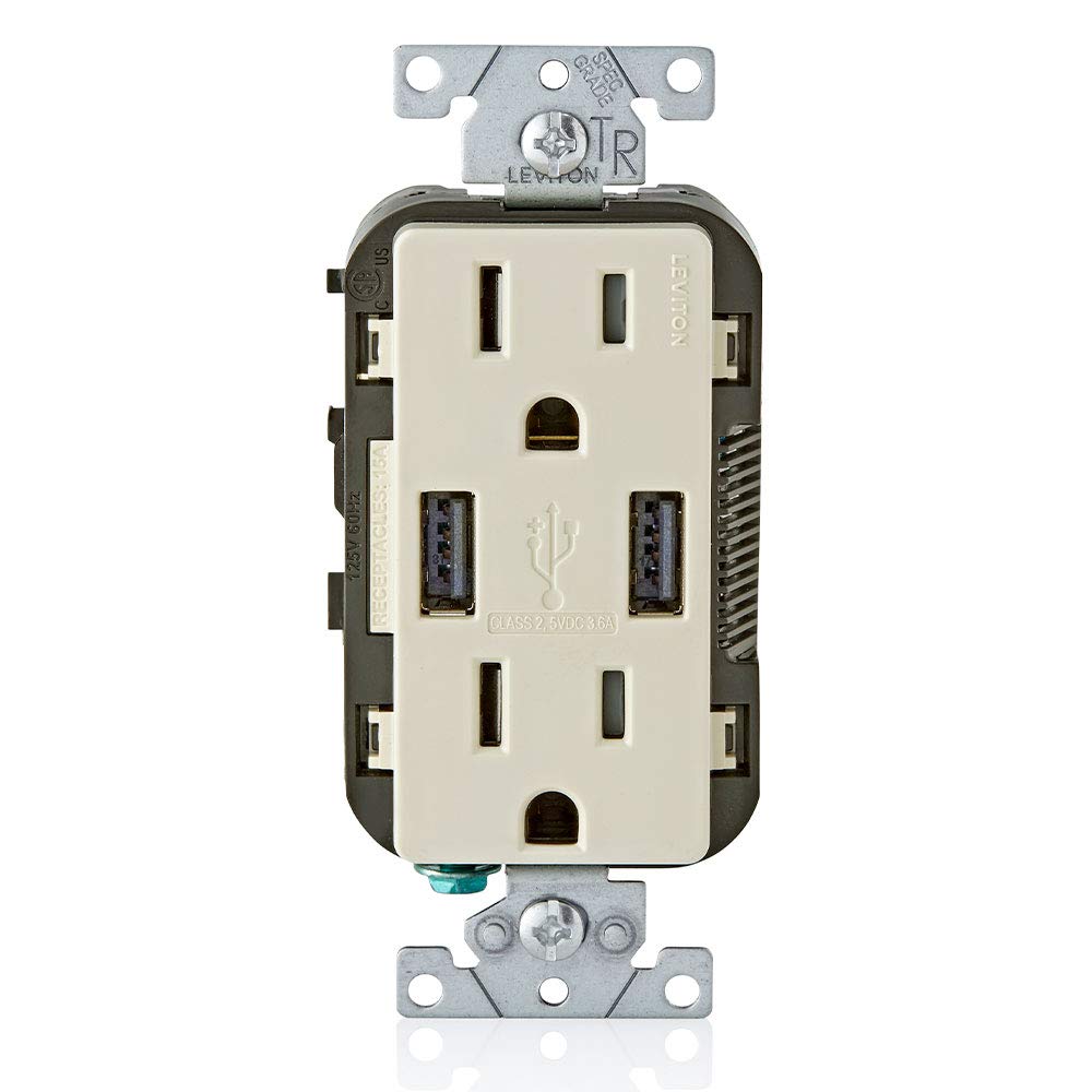 Leviton T5633-W Type A & Type-C USB In-Wall Charger with 15A Tamper-Resistant Outlet, USB Charger for Smartphones and Tablets, Not for Laptops, White