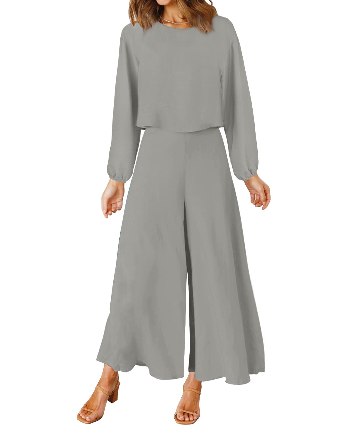 ROYLAMP Women's Summer 2 Piece Outfits Round Neck Crop Basic Top Cropped Wide Leg Pants Set Jumpsuits