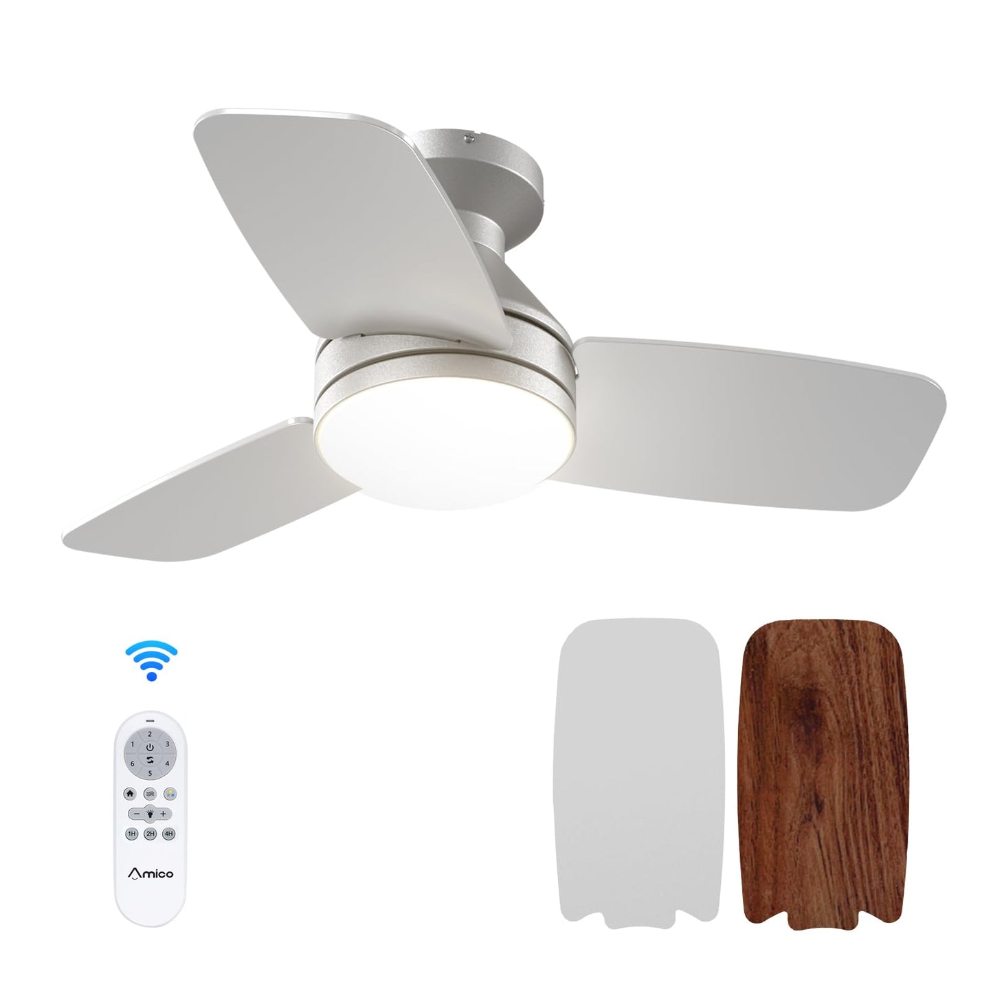 Amico Ceiling Fans with Lights, 42 inch Low Profile Ceiling Fan with Light and Remote Control, Flush Mount, Reversible, 3CCT, Dimmable, Noiseless, White Ceiling Fan for Bedroom, Indoor/Outdoor Use