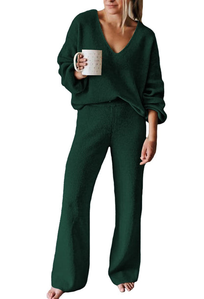 Viottiset Women's 2 Piece Outfits Casual V Neck Knit Wide Leg Sweater Lounge Set Sweatsuit
