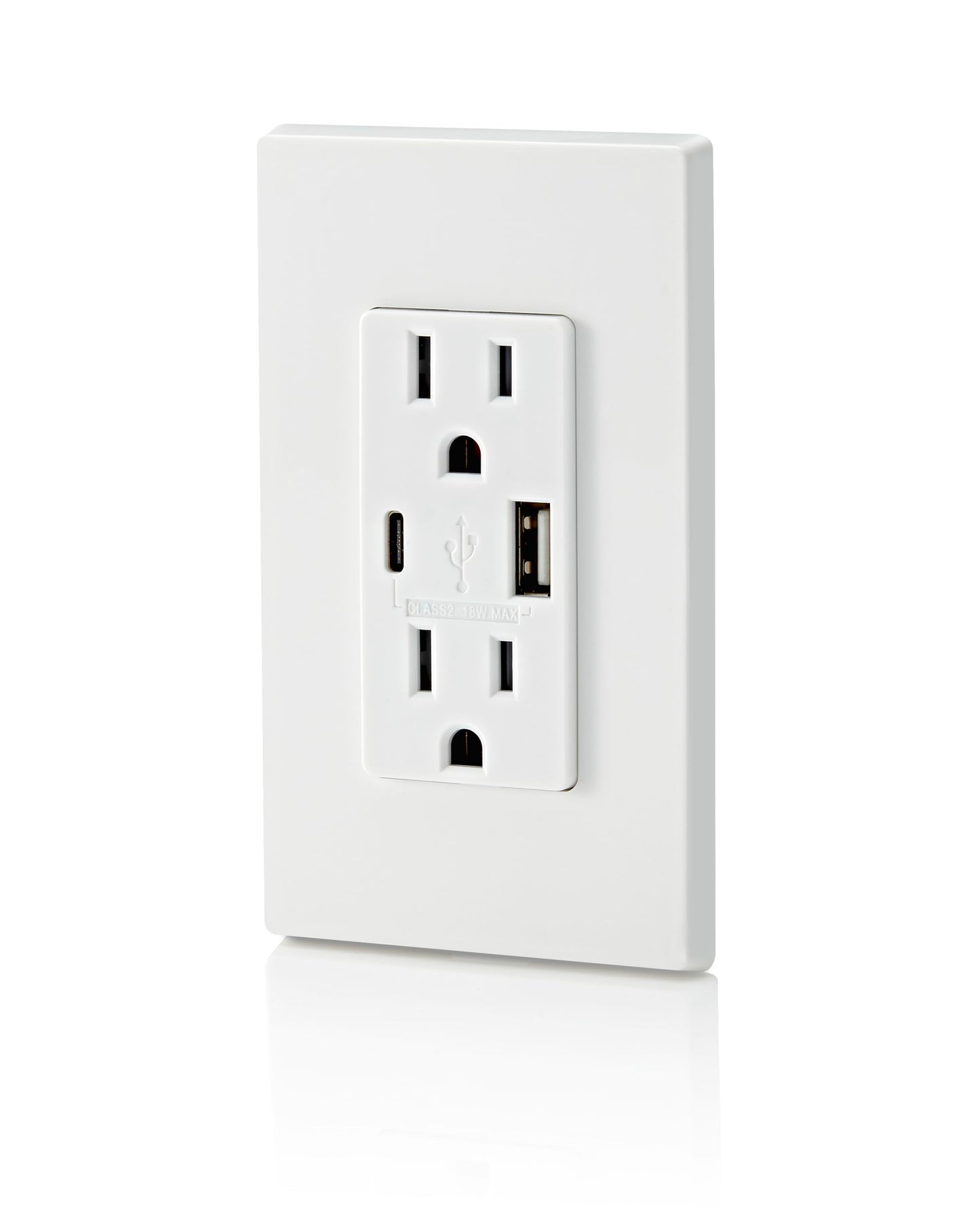 Leviton T5633-W Type A & Type-C USB In-Wall Charger with 15A Tamper-Resistant Outlet, USB Charger for Smartphones and Tablets, Not for Laptops, White