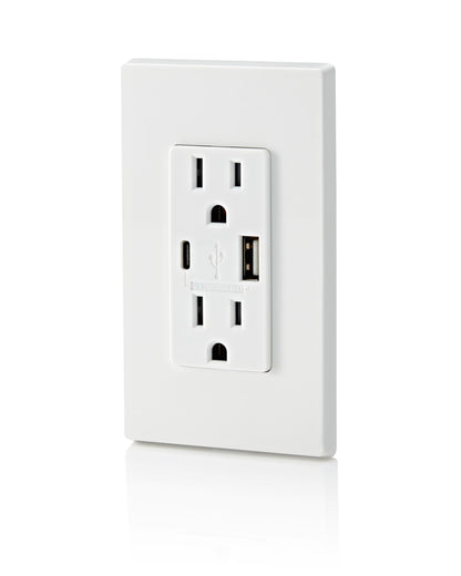 Leviton T5633-W Type A & Type-C USB In-Wall Charger with 15A Tamper-Resistant Outlet, USB Charger for Smartphones and Tablets, Not for Laptops, White