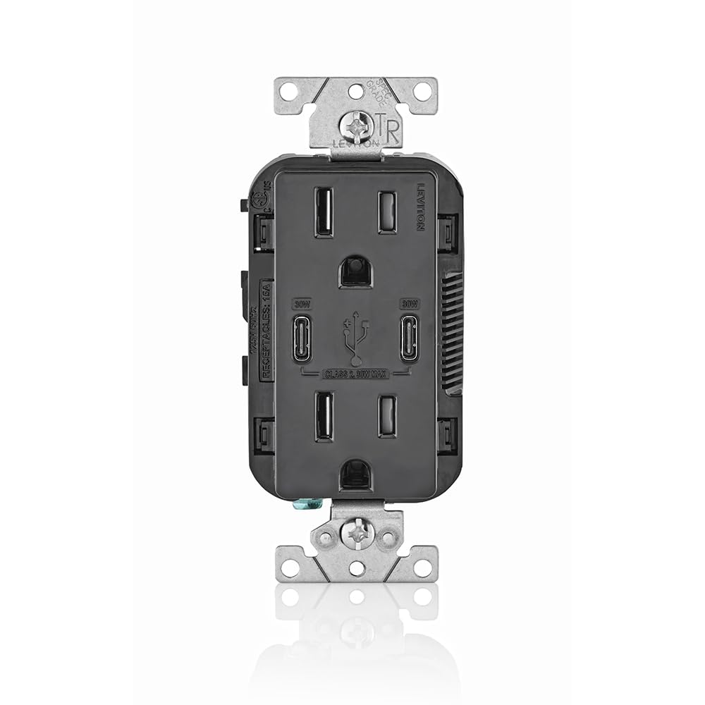 Leviton T5633-W Type A & Type-C USB In-Wall Charger with 15A Tamper-Resistant Outlet, USB Charger for Smartphones and Tablets, Not for Laptops, White