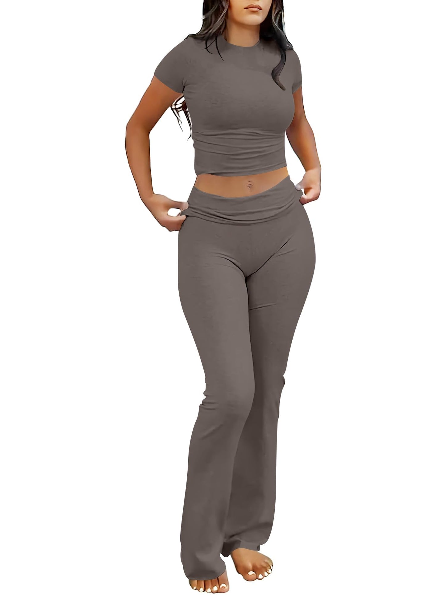 ANRABESS Lounge Sets for Women 2 piece Foldover Yoga Flare Leggings Pants Crop Tops Casual Y2K Outfits Matching Tracksuit Set