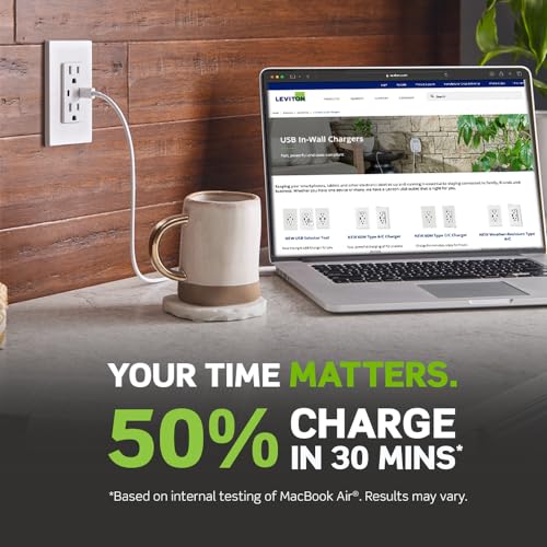 Leviton T5633-W Type A & Type-C USB In-Wall Charger with 15A Tamper-Resistant Outlet, USB Charger for Smartphones and Tablets, Not for Laptops, White