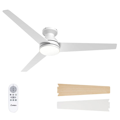 Amico Ceiling Fans with Lights, 42 inch Low Profile Ceiling Fan with Light and Remote Control, Flush Mount, Reversible, 3CCT, Dimmable, Noiseless, White Ceiling Fan for Bedroom, Indoor/Outdoor Use
