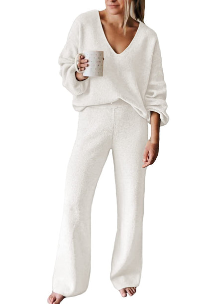 Viottiset Women's 2 Piece Outfits Casual V Neck Knit Wide Leg Sweater Lounge Set Sweatsuit