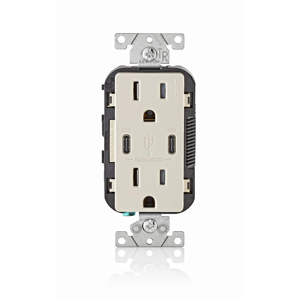 Leviton T5633-W Type A & Type-C USB In-Wall Charger with 15A Tamper-Resistant Outlet, USB Charger for Smartphones and Tablets, Not for Laptops, White