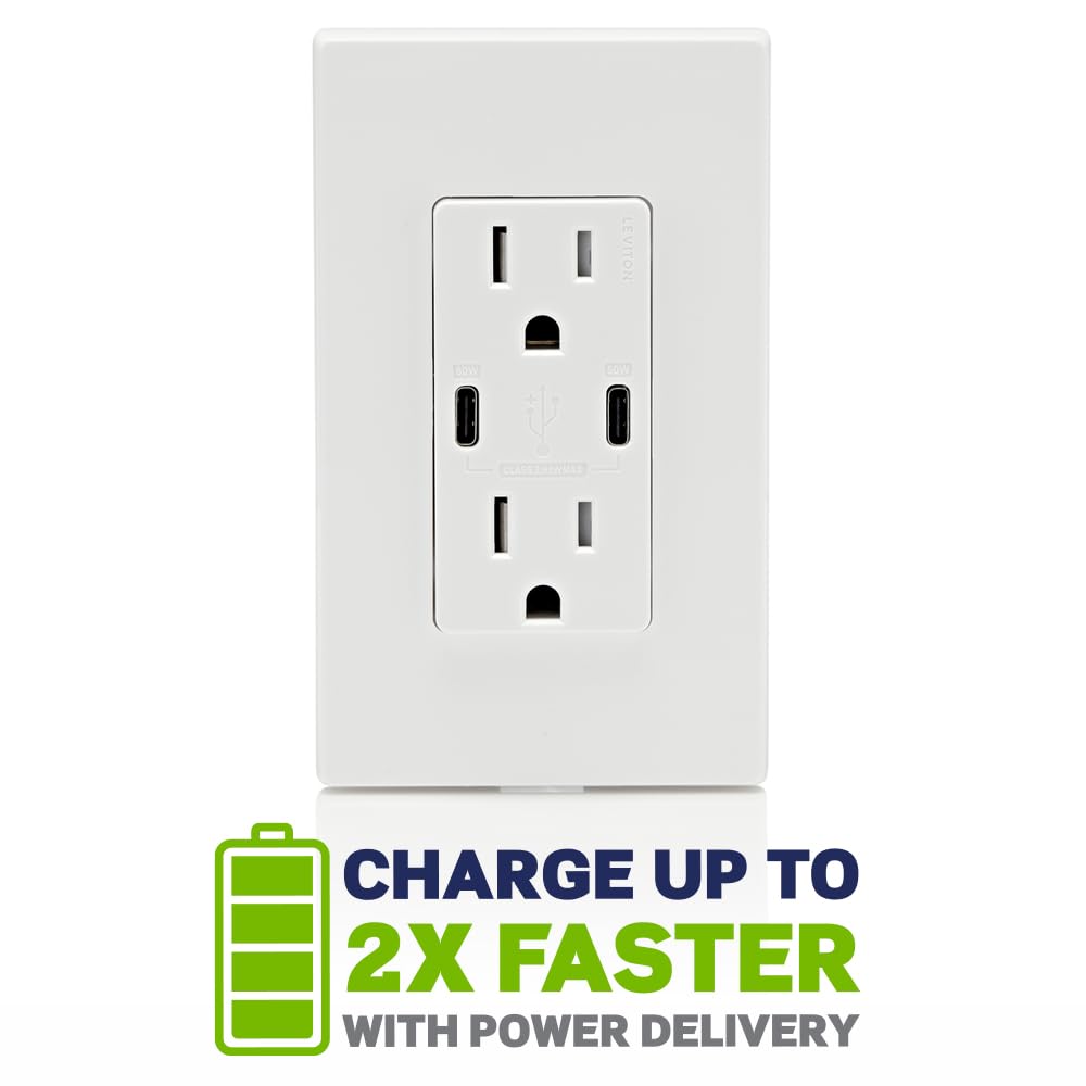 Leviton T5633-W Type A & Type-C USB In-Wall Charger with 15A Tamper-Resistant Outlet, USB Charger for Smartphones and Tablets, Not for Laptops, White