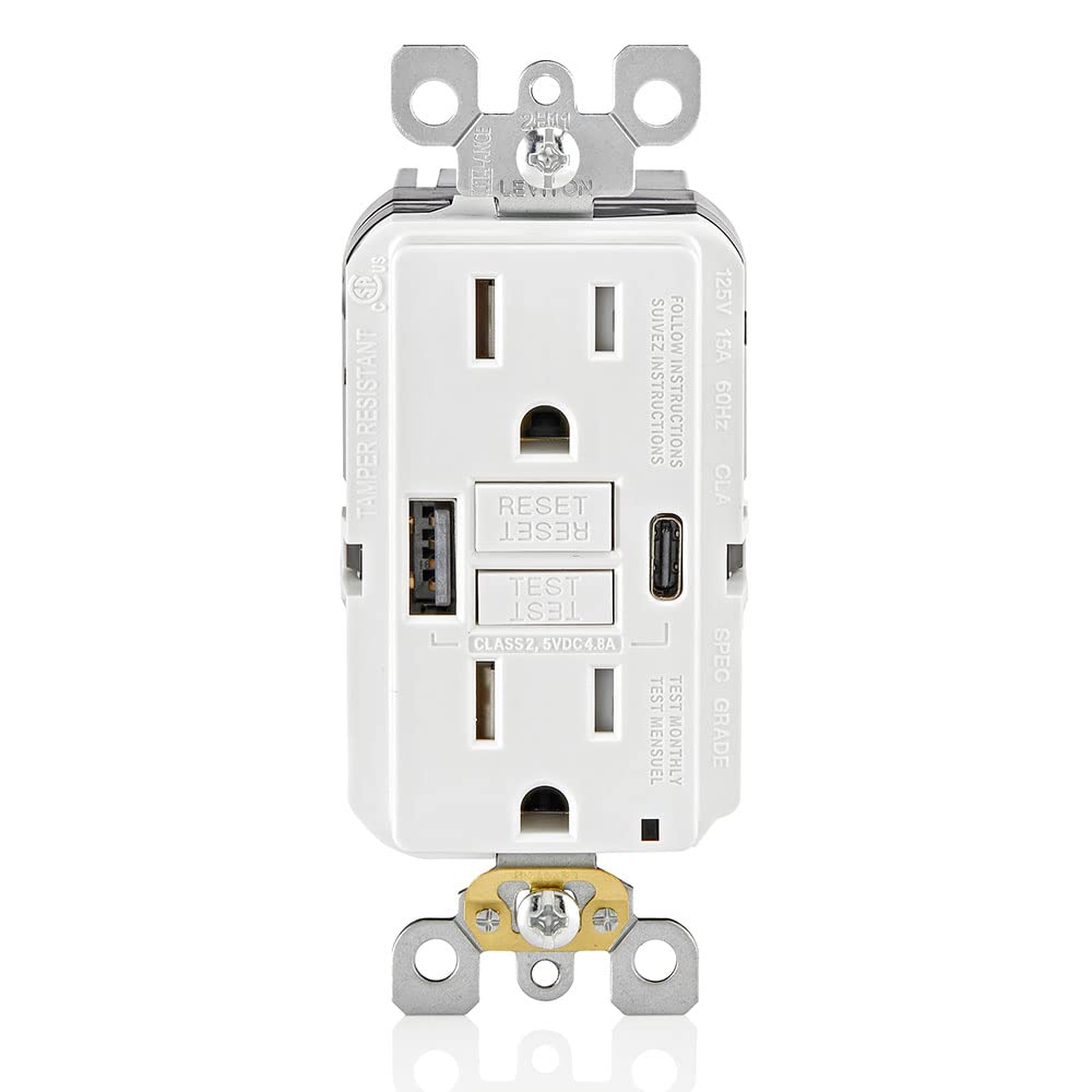 Leviton T5633-W Type A & Type-C USB In-Wall Charger with 15A Tamper-Resistant Outlet, USB Charger for Smartphones and Tablets, Not for Laptops, White