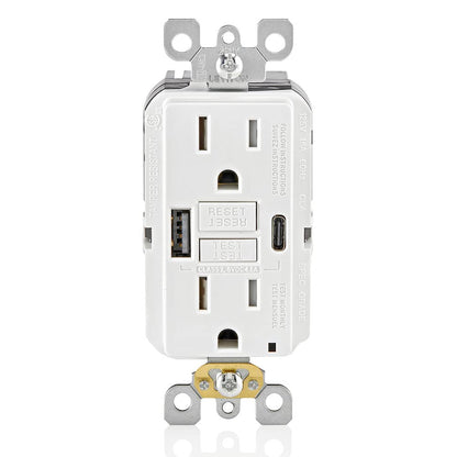 Leviton T5633-W Type A & Type-C USB In-Wall Charger with 15A Tamper-Resistant Outlet, USB Charger for Smartphones and Tablets, Not for Laptops, White