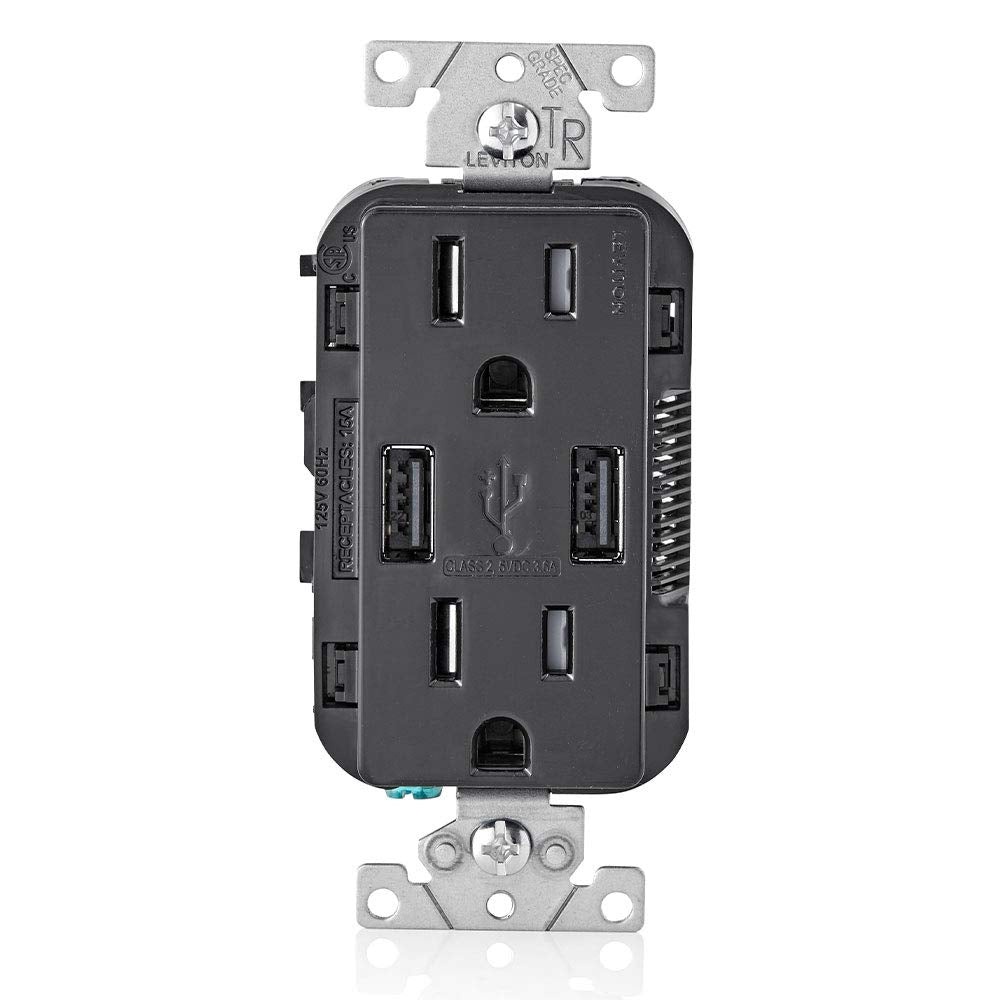 Leviton T5633-W Type A & Type-C USB In-Wall Charger with 15A Tamper-Resistant Outlet, USB Charger for Smartphones and Tablets, Not for Laptops, White