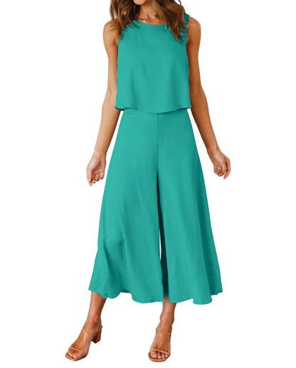 ROYLAMP Women's Summer 2 Piece Outfits Round Neck Crop Basic Top Cropped Wide Leg Pants Set Jumpsuits