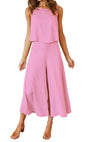 ROYLAMP Women's Summer 2 Piece Outfits Round Neck Crop Basic Top Cropped Wide Leg Pants Set Jumpsuits