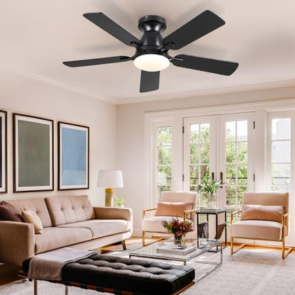 Ceiling Fans with Lights- 52" Low Profile Indoor Ceiling Fan with Light and Remote/APP Control, Flush Mount, LED Dimmable DC Reversible Modern Ceiling Fan for Bedroom（Black）