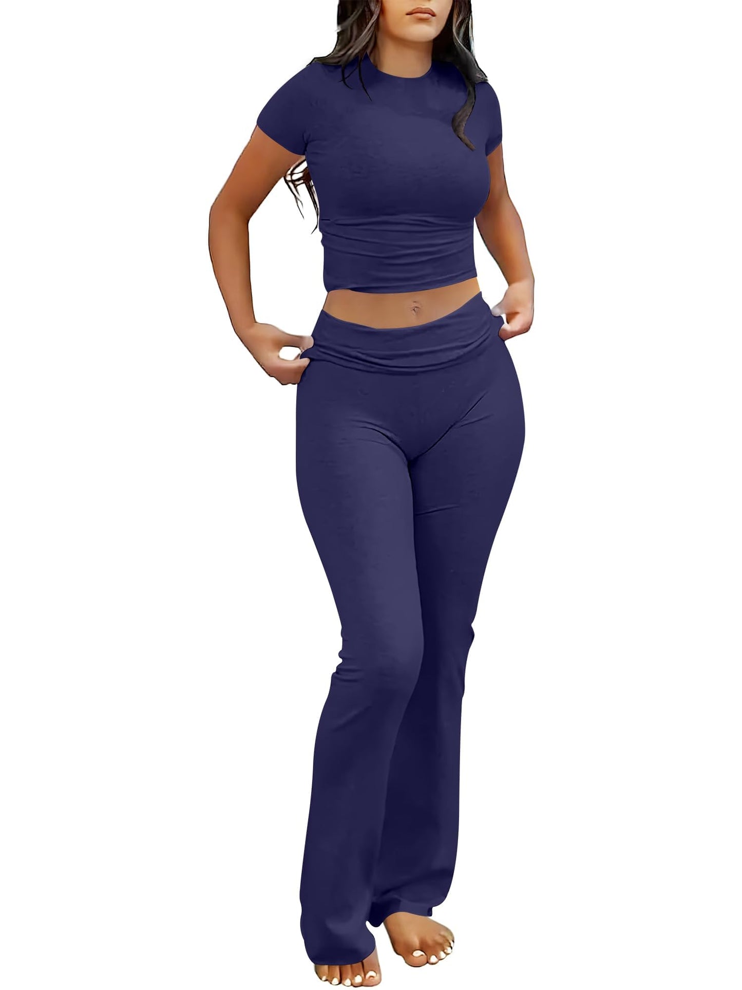 ANRABESS Lounge Sets for Women 2 piece Foldover Yoga Flare Leggings Pants Crop Tops Casual Y2K Outfits Matching Tracksuit Set