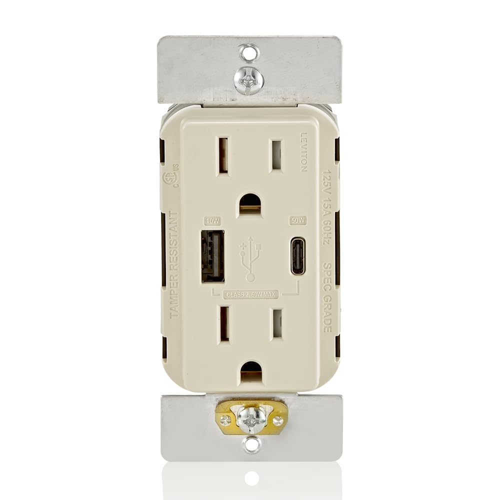 Leviton T5633-W Type A & Type-C USB In-Wall Charger with 15A Tamper-Resistant Outlet, USB Charger for Smartphones and Tablets, Not for Laptops, White