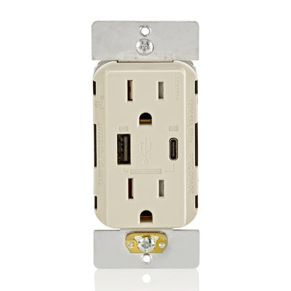 Leviton T5633-W Type A & Type-C USB In-Wall Charger with 15A Tamper-Resistant Outlet, USB Charger for Smartphones and Tablets, Not for Laptops, White