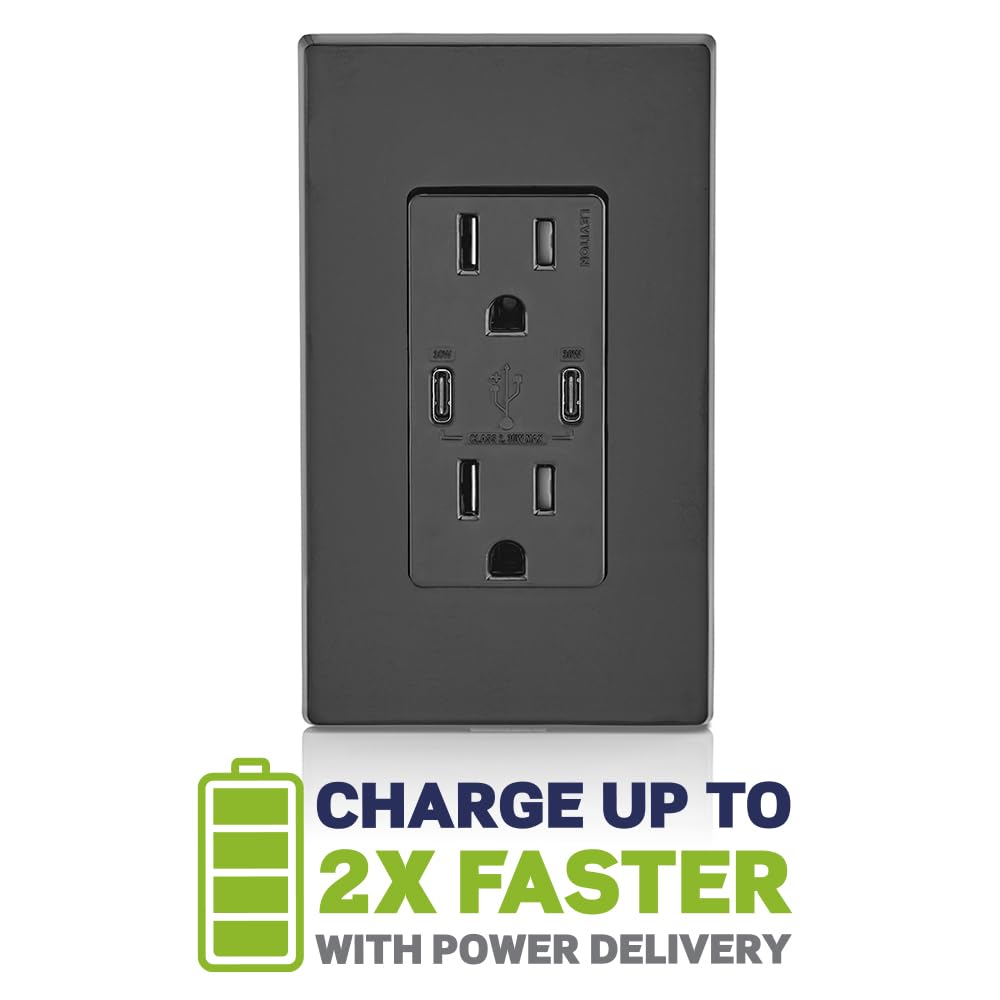 Leviton T5633-W Type A & Type-C USB In-Wall Charger with 15A Tamper-Resistant Outlet, USB Charger for Smartphones and Tablets, Not for Laptops, White
