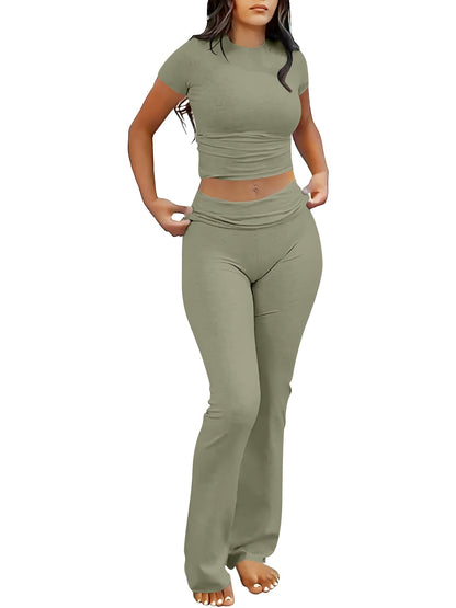 ANRABESS Lounge Sets for Women 2 piece Foldover Yoga Flare Leggings Pants Crop Tops Casual Y2K Outfits Matching Tracksuit Set