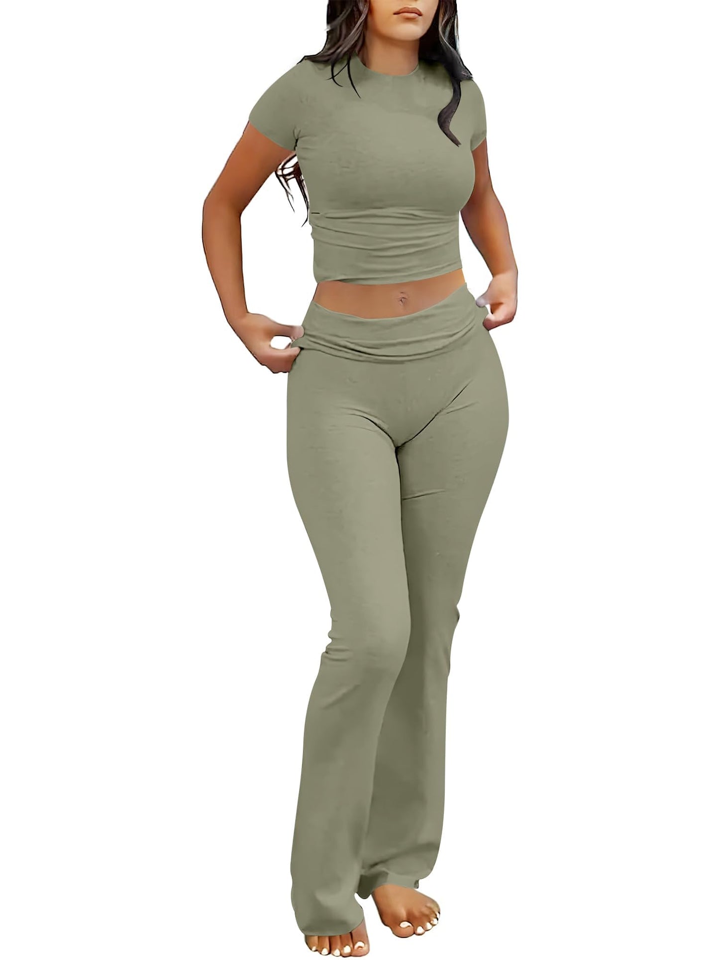 ANRABESS Lounge Sets for Women 2 piece Foldover Yoga Flare Leggings Pants Crop Tops Casual Y2K Outfits Matching Tracksuit Set