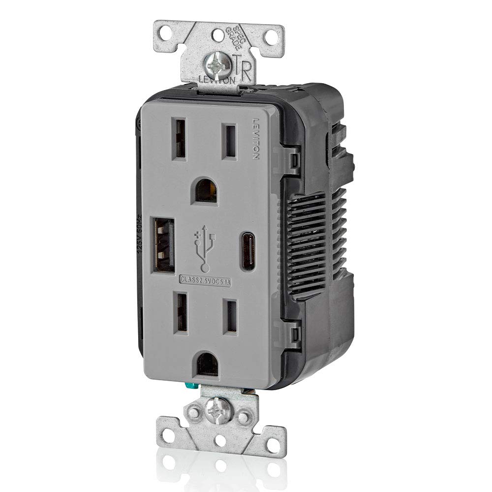 Leviton T5633-W Type A & Type-C USB In-Wall Charger with 15A Tamper-Resistant Outlet, USB Charger for Smartphones and Tablets, Not for Laptops, White