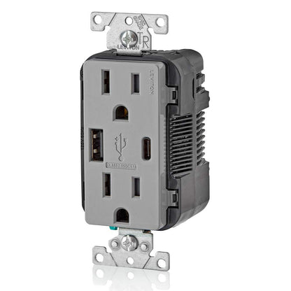Leviton T5633-W Type A & Type-C USB In-Wall Charger with 15A Tamper-Resistant Outlet, USB Charger for Smartphones and Tablets, Not for Laptops, White