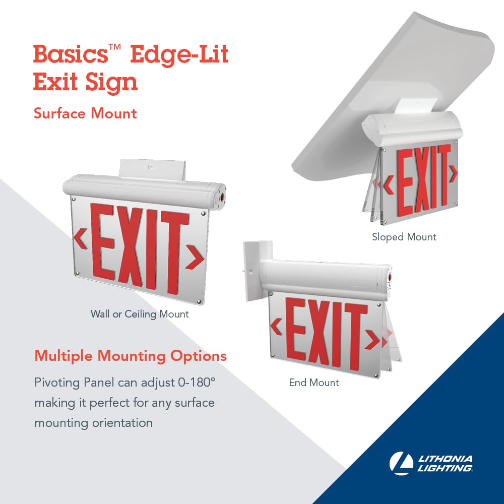 Lithonia Lighting BE W R SM M6 BE Basics Edge-Lit Exit Sign, White with Red Letters, Surface Mount