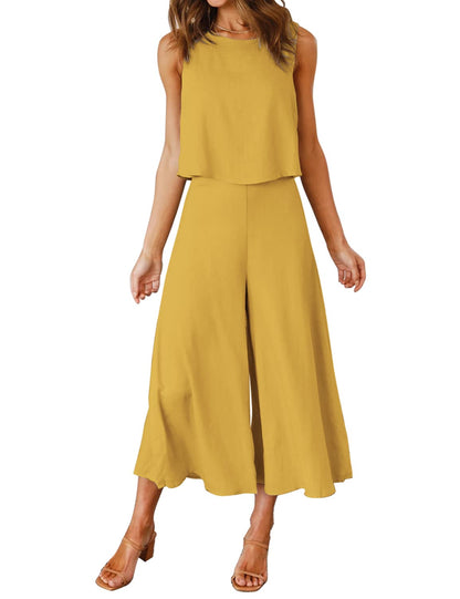 ROYLAMP Women's Summer 2 Piece Outfits Round Neck Crop Basic Top Cropped Wide Leg Pants Set Jumpsuits