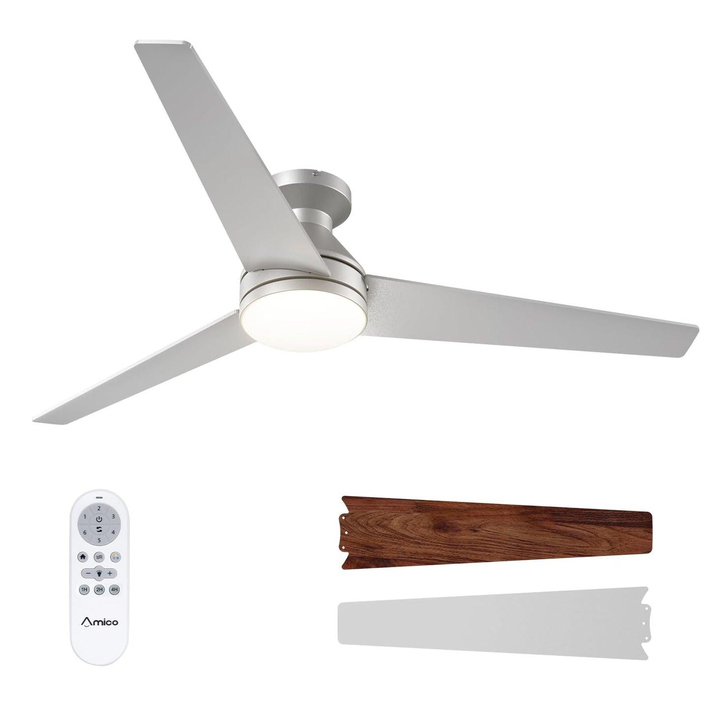 Amico Ceiling Fans with Lights, 42 inch Low Profile Ceiling Fan with Light and Remote Control, Flush Mount, Reversible, 3CCT, Dimmable, Noiseless, White Ceiling Fan for Bedroom, Indoor/Outdoor Use