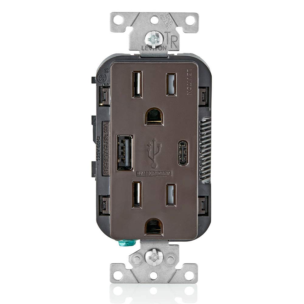 Leviton T5633-W Type A & Type-C USB In-Wall Charger with 15A Tamper-Resistant Outlet, USB Charger for Smartphones and Tablets, Not for Laptops, White