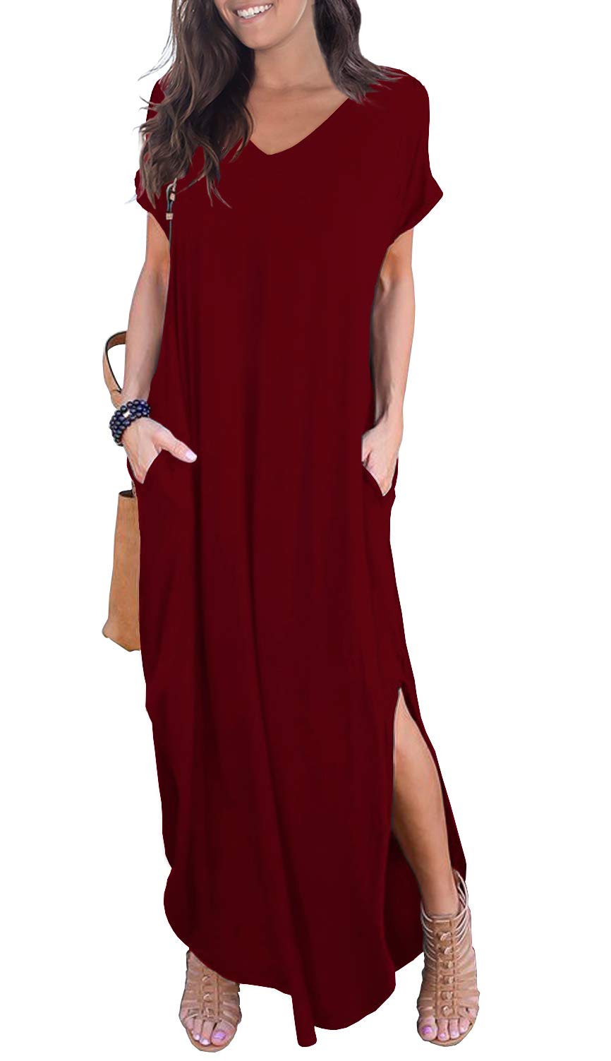 GRECERELLE Women's Casual Loose Pocket Long Dress Short Sleeve Split Maxi Dresses