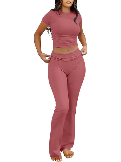 ANRABESS Lounge Sets for Women 2 piece Foldover Yoga Flare Leggings Pants Crop Tops Casual Y2K Outfits Matching Tracksuit Set