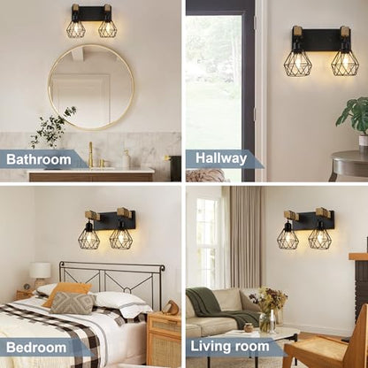 Farmhouse Vanity Light for Bathroom, 3-Light Wood Bathroom Vanity Light Fixtures Over Mirror, Rustic Sconces Wall Lighting with Metal Lampshade for Living Room, Bedroom, Hallway