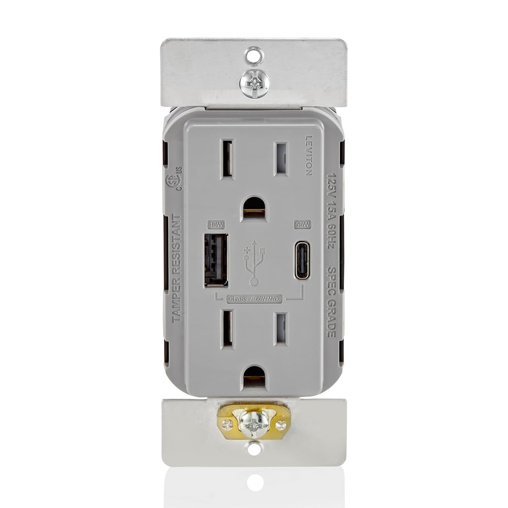 Leviton T5633-W Type A & Type-C USB In-Wall Charger with 15A Tamper-Resistant Outlet, USB Charger for Smartphones and Tablets, Not for Laptops, White